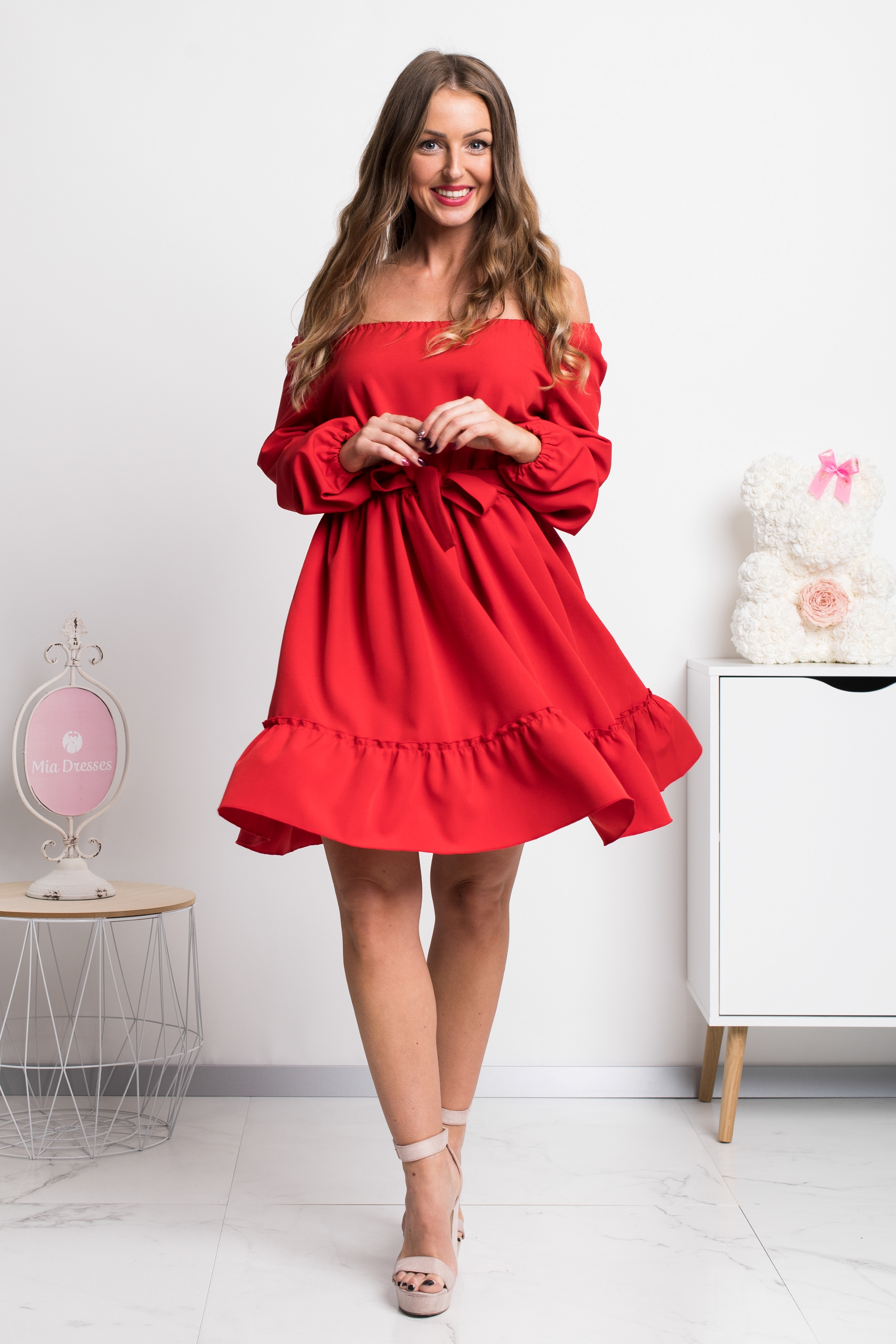 Numoco Piros rövid ruha ejtett vállal