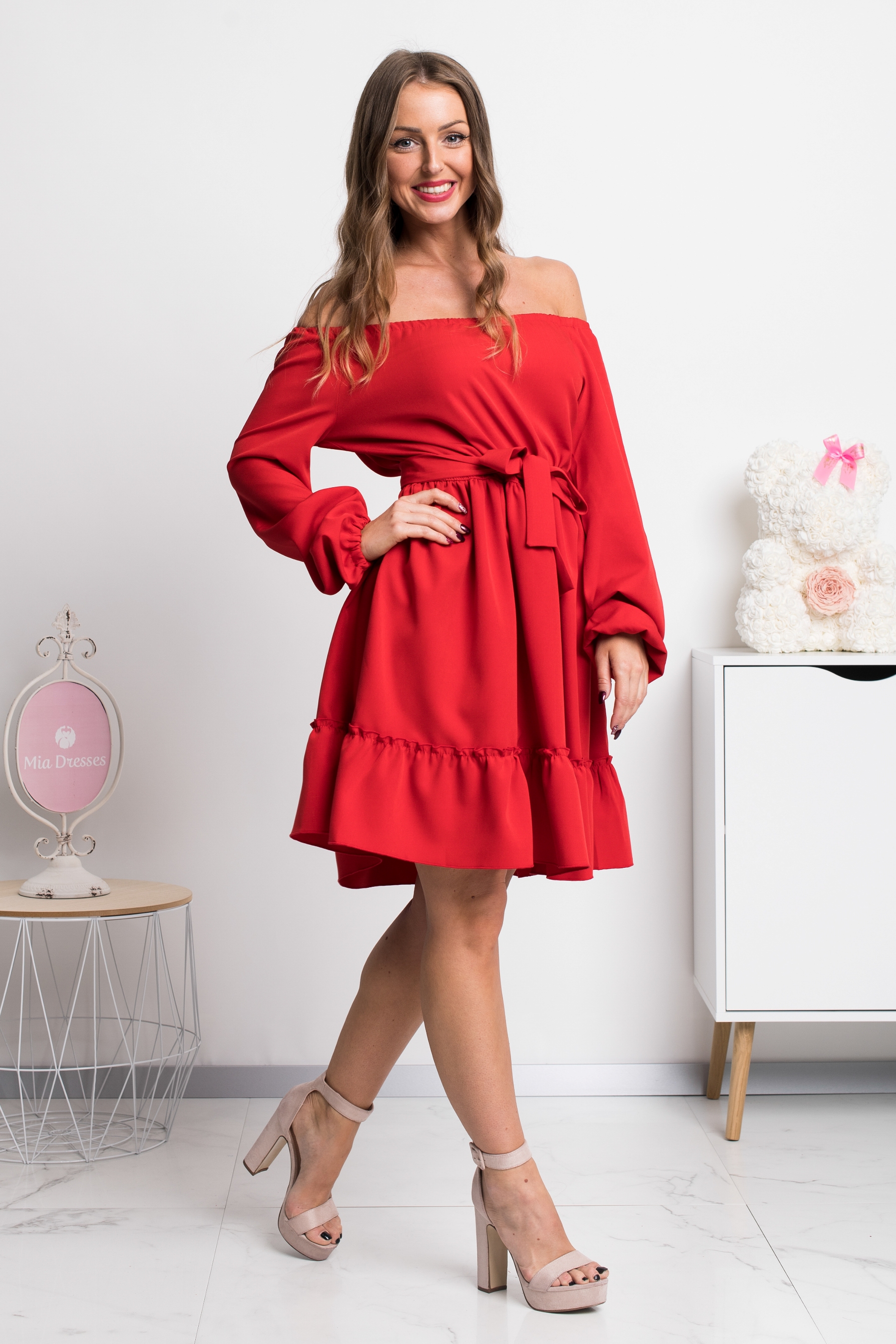 Numoco Piros rövid ruha ejtett vállal