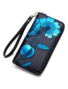 Fekete hasított bőr pénztárca kék színű virágmintával (0246.)