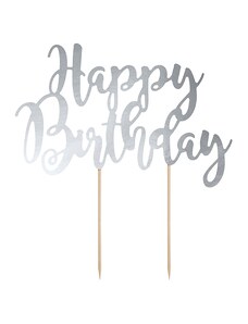PartyDeco Tortadísz - "Happy Birthday" - ezüst