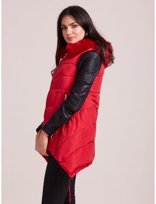Fashionhunters Piros téli mellény kapucnival és szőrmével