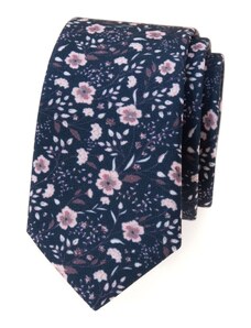 Avantgard Kék keskeny nyakkendő rózsaszín virágokkal