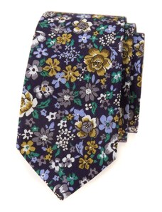 Avantgard Sötét lila keskeny nyakkendő színes virágokkal