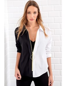 Trend Alaçatı Stili Women's Black and White Zippered Color Block Woven Shirt