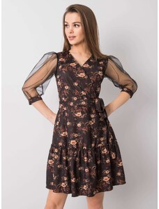 Fashionhunters Fekete virágos ruha dekoratív ujjú
