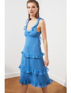 Trendyol kék fodros chiffon ruha