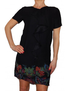 Desigual fekete színes virágos rövidujjú fodros női ruha Vest Octavio(36)
