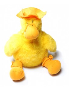 Plüss sárga kacsa, kalapban, csizmában, szalaggal a nyakában, 36 cm