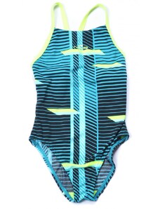 Lány fürdőruha, úszódressz, kék, zöld, fekete csíkos, 134-es méret, Nabaiji