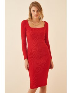 Happiness İstanbul Women's Red Square Neck Corduroy Knitted Dress