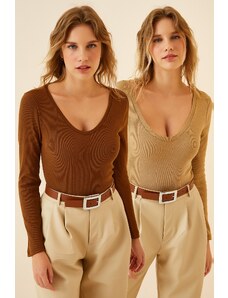 Happiness İstanbul Women's Brown Biscuit V Neck 2-Pack Knitted Blouse