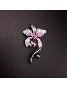 Platinával bevont exkluzív virágszál bross áttetsző és rózsaszín Swarovski kristályokkal (0922.)
