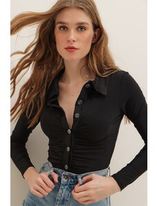 Trend Alaçatı Stili Women's Black Sandy Fabric Shirt with Pleated Front