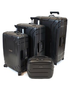 Touareg MATRIX csatos négykerekű fekete, 3db-os bőrönd + kozmetikai táska szett BD28-sötétkék 4db-os szett