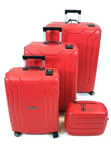 Touareg MATRIX csatos négykerekű, piros, 3db-os bőrönd + kozmetikai táska szett BD28-piros 4db-os szett