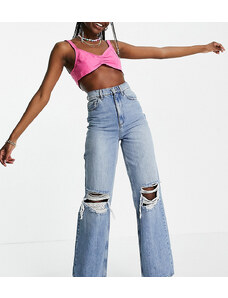 ASOS Tall ASOS DESIGN Tall cotton blend high rise 'relaxed' dad jeans brightwash with rips - MBLUE