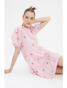 Trendyol Pink Straight Cut Mini szőtt virágos hímzés szőtt ruha
