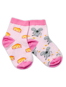 Baby Nellys Vidám pamut- zokni Egér és sajt - világos rózsaszín