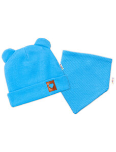 Baby Nellys Bordázott kétrétegű kalappal fogantyúk + TEDDY sál - kék