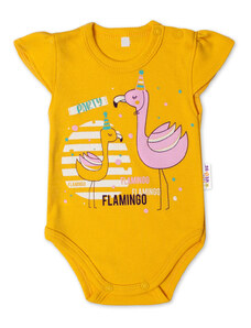 Baby Nellys Pamut baby test, cr. ujj, Flamingó - mustár