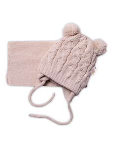 BABY NELLYS Téli kötött csecsemő kalappal sál TEDDY - bézs pomponokkal, vel.62/68