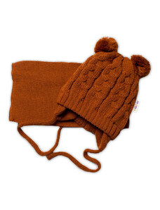 BABY NELLYS Téli kötött csecsemő kalappal sál TEDDY - barna pomponok, vel.62/68