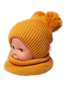 BABY NELLYS Téli kötött kalap + nyakkendő - mustár pomponokkal