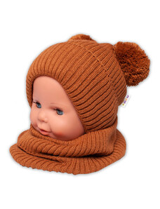 BABY NELLYS Téli kötött kalap + nyakkendő - barna pomponok