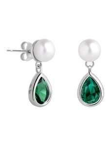 Ezüst fülbevaló Pure Pearl valódi Preciosa folyami gyönggyel, smaragd 5337 66