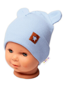 Baby Nellys Bordázott kettős réteg sapkával TEDDY fülek - Szent kék