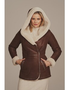 KONOPKA Női természetes irhakabát kapucnival, barna - Női téli bőrkabát