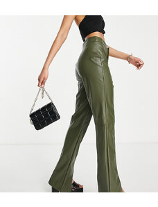 Missguided Petite split hem faux leather trouser in khaki-Green