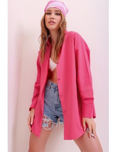 Trend Alaçatı Stili Women's Fuchsia Oversized Long Woven Shirt
