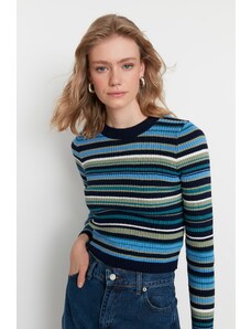 Trendyol Navy Blue Color Block Vágott kötöttáru pulóver