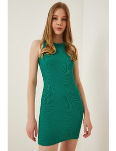 Happiness İstanbul Women's Vivid Green Ribbed Summer Mini Knitted Dress