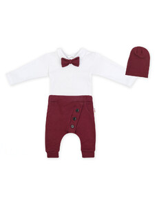 Baby Nellys 3-dílná most Hubert, pontokat íjjal nyakkendő hosszú ujjú, melegítőnadrág és sapka - bordó