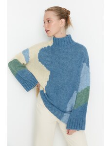 Trendyol Blue puha texturált színes blokk kötöttáru pulóver