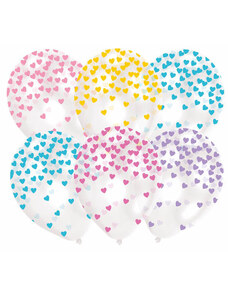 Színes Szív konfettis léggömb, lufi 6 db-os 11 inch (27,5 cm)