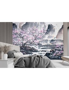Gario Fotótapéta Cseresznyevirágzás egy hegyi háttéren Anyag: Vlies, Méret: 200 x 140 cm