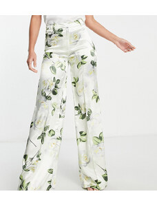 Liquorish Tall satin tailored trouser co-ord with white rose print in green-Multi