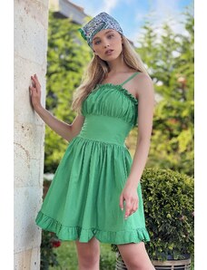 Trend Alaçatı Stili női zöld állítható pántos fodros részletes Poplin szőtt ruha