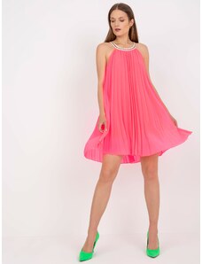 Fashionhunters Fluo pink pleated dress one size with shoulder straps