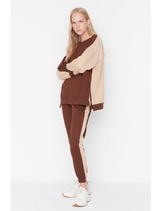 Trendyol Brown Color Block Thin Knitted Tracksuit Set