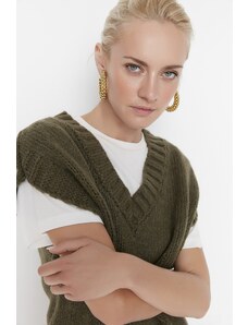 Trendyol Khaki Crop puha texturált színes blokk kötöttáru pulóver