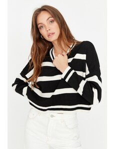 Trendyol Black Crop csíkos kötöttáru pulóver