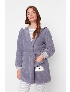 Trendyol Gray Belted Animal Figure Pocketed Wellsoft Knitted Dressing Gown