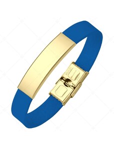 BALCANO - Kék színű bőr karkötő, gravírozható, téglalap alakú 18K arany bevonatú nemesacél fejrésszel