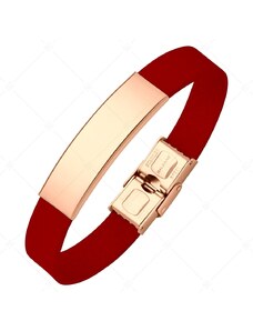 BALCANO - Piros színű bőr karkötő, gravírozható, téglalap alakú 18K rozé arany bevonatú nemesacél fejrésszel