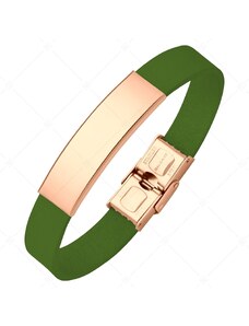 BALCANO - Zöld színű bőr karkötő, gravírozható, téglalap alakú 18K rozé arany bevonatú nemesacél fejrésszel