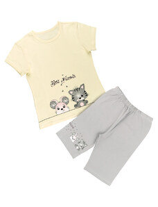 Donella Lányok' pamut- pizsama, kr. ujj + rövidnadrág - Legjobb Barátok, sárga/szürke